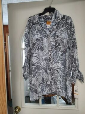 New Ruby Rd Gray Tropical Print 3/4 Sleeve Button Down Shirt Women's 3X